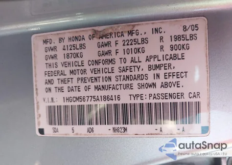 2005 Honda Accord 2.4 Ex from USA, damaged, VIN 1HGCM56775A186416